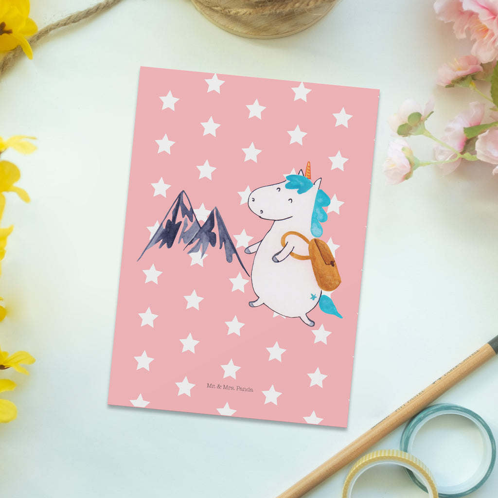 Postkarte Einhorn Bergsteiger Geschenkkarte, Grußkarte, Karte, Einladung, Ansichtskarte, Geburtstagskarte, Einladungskarte, Einhorn, Einhörner, Einhorn Deko, Pegasus, Unicorn, Bergsteiger, Abenteuer, Berge, Abenteurer, Weltenbummler, Weltreise, Reisen, Urlaub, Entdecker