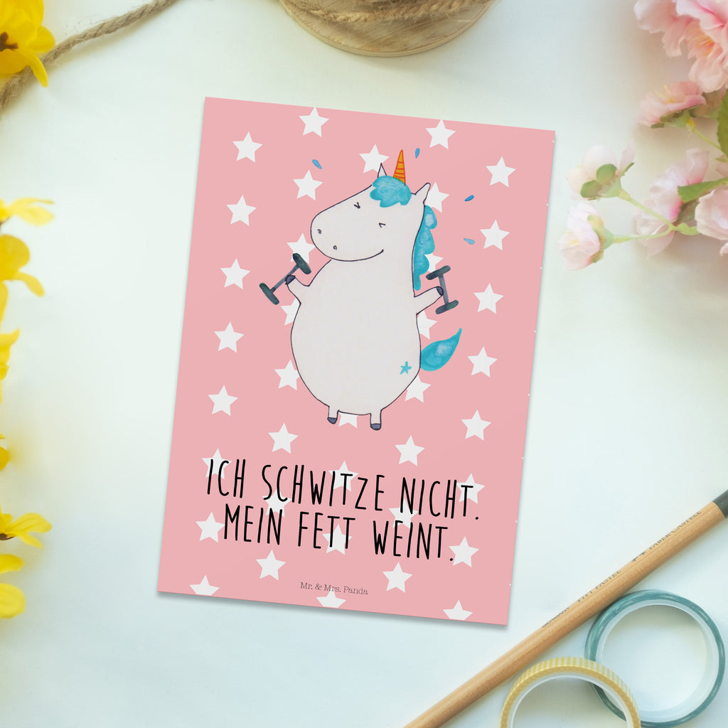 Postkarte Einhorn Fitness Geschenkkarte, Grußkarte, Karte, Einladung, Ansichtskarte, Geburtstagskarte, Einladungskarte, Dankeskarte, Einhorn, Einhörner, Einhorn Deko, Pegasus, Unicorn, Gym, Fitness, Fitnessstudio, Diät, Abnehmen, Sport, Pumpen, Geräte, Sixpack