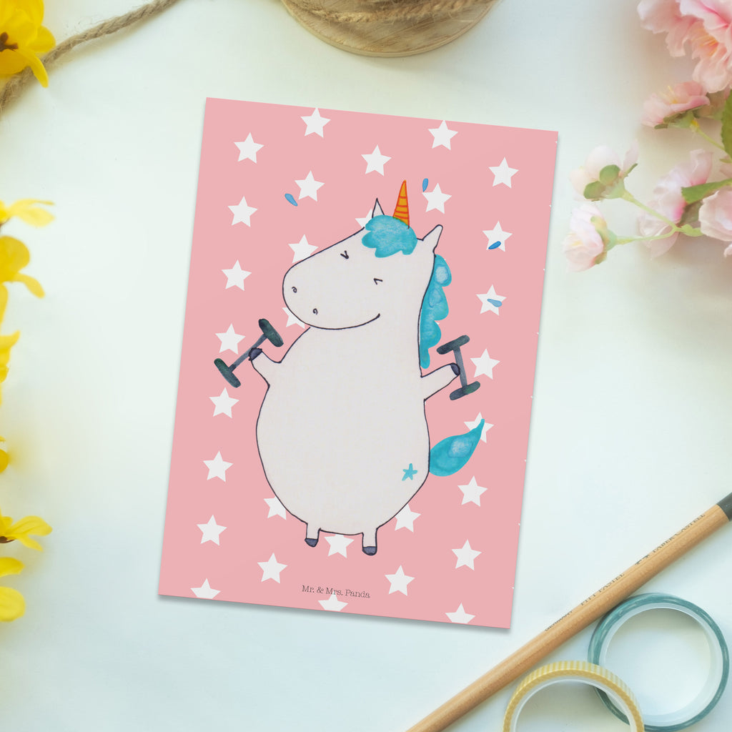 Postkarte Einhorn Fitness Geschenkkarte, Grußkarte, Karte, Einladung, Ansichtskarte, Geburtstagskarte, Einladungskarte, Dankeskarte, Einhorn, Einhörner, Einhorn Deko, Pegasus, Unicorn, Gym, Fitness, Fitnessstudio, Diät, Abnehmen, Sport, Pumpen, Geräte, Sixpack