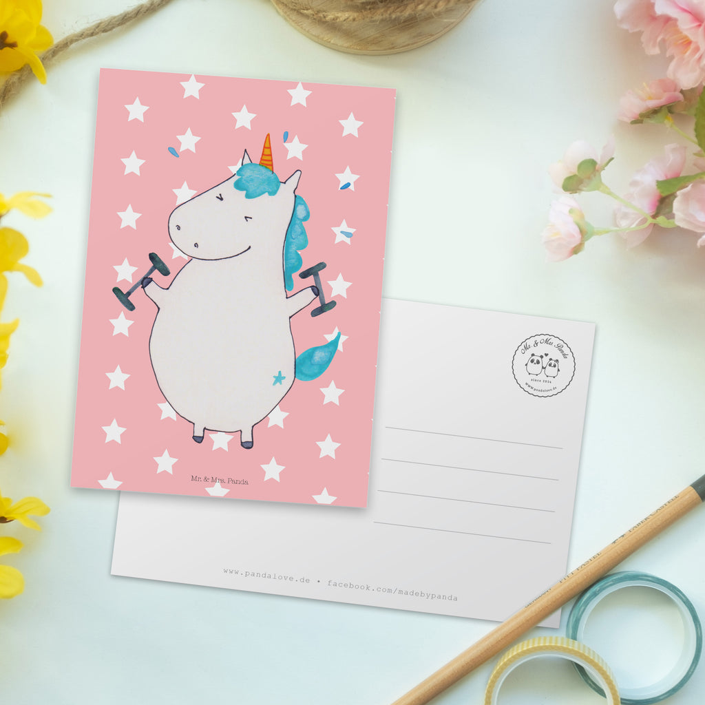 Postkarte Einhorn Fitness Geschenkkarte, Grußkarte, Karte, Einladung, Ansichtskarte, Geburtstagskarte, Einladungskarte, Dankeskarte, Einhorn, Einhörner, Einhorn Deko, Pegasus, Unicorn, Gym, Fitness, Fitnessstudio, Diät, Abnehmen, Sport, Pumpen, Geräte, Sixpack