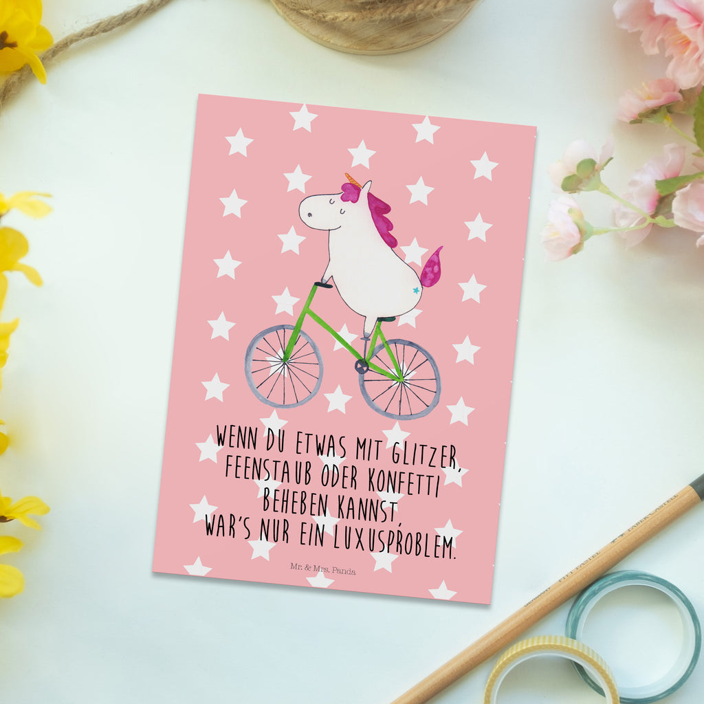 Postkarte Einhorn Radfahrer Geschenkkarte, Grußkarte, Karte, Einladung, Ansichtskarte, Geburtstagskarte, Einladungskarte, Einhorn, Einhörner, Einhorn Deko, Pegasus, Unicorn, Radfahren, Radfahrer, Rad, Bike, Feenstaub, Konfetti, Luxusproblem, Kummer, Liebeskummer