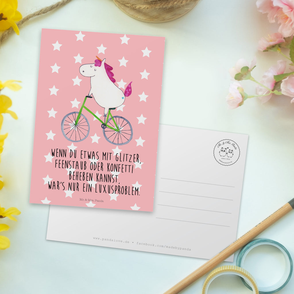 Postkarte Einhorn Radfahrer Geschenkkarte, Grußkarte, Karte, Einladung, Ansichtskarte, Geburtstagskarte, Einladungskarte, Einhorn, Einhörner, Einhorn Deko, Pegasus, Unicorn, Radfahren, Radfahrer, Rad, Bike, Feenstaub, Konfetti, Luxusproblem, Kummer, Liebeskummer