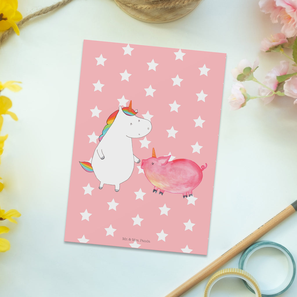 Postkarte Einhorn + Schweinhorn Geschenkkarte, Grußkarte, Karte, Einladung, Ansichtskarte, Geburtstagskarte, Einladungskarte, Einhorn, Einhörner, Einhorn Deko, Pegasus, Unicorn, Freundschaft, Schweinhorn, Schwein, Freundin, Schweinchen
