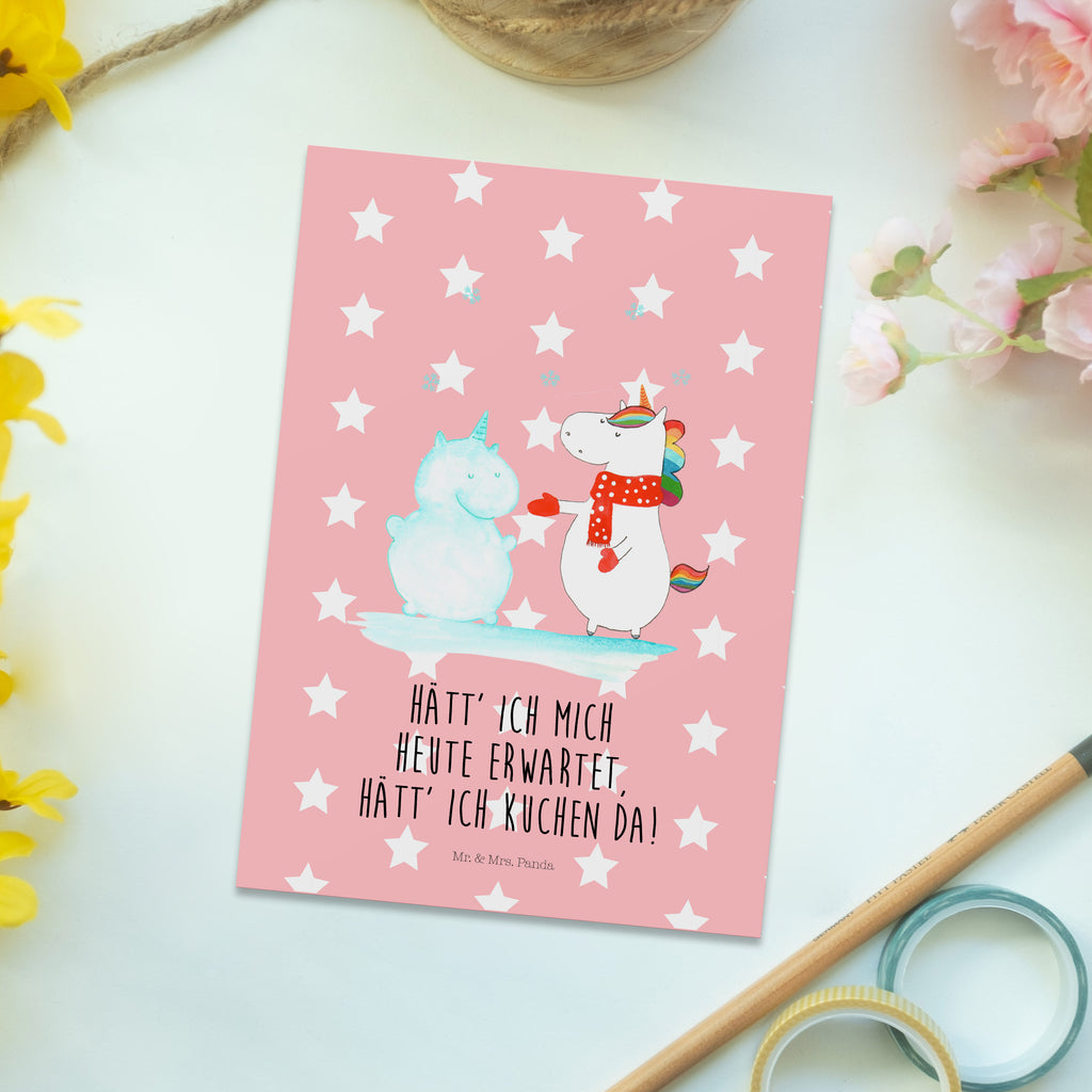 Postkarte Einhorn Schneemann Geschenkkarte, Grußkarte, Karte, Einladung, Ansichtskarte, Geburtstagskarte, Einladungskarte, Einhorn, Einhörner, Einhorn Deko, Pegasus, Unicorn, Schneemann, Winter, Schnee, Kuchen, Weihnachten, kalt, Mütze, Handschuhe, X-Mas