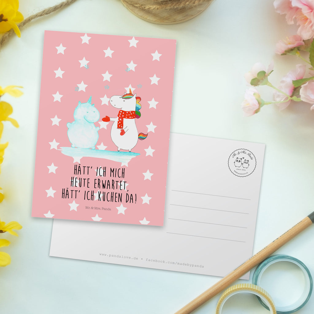 Postkarte Einhorn Schneemann Geschenkkarte, Grußkarte, Karte, Einladung, Ansichtskarte, Geburtstagskarte, Einladungskarte, Einhorn, Einhörner, Einhorn Deko, Pegasus, Unicorn, Schneemann, Winter, Schnee, Kuchen, Weihnachten, kalt, Mütze, Handschuhe, X-Mas