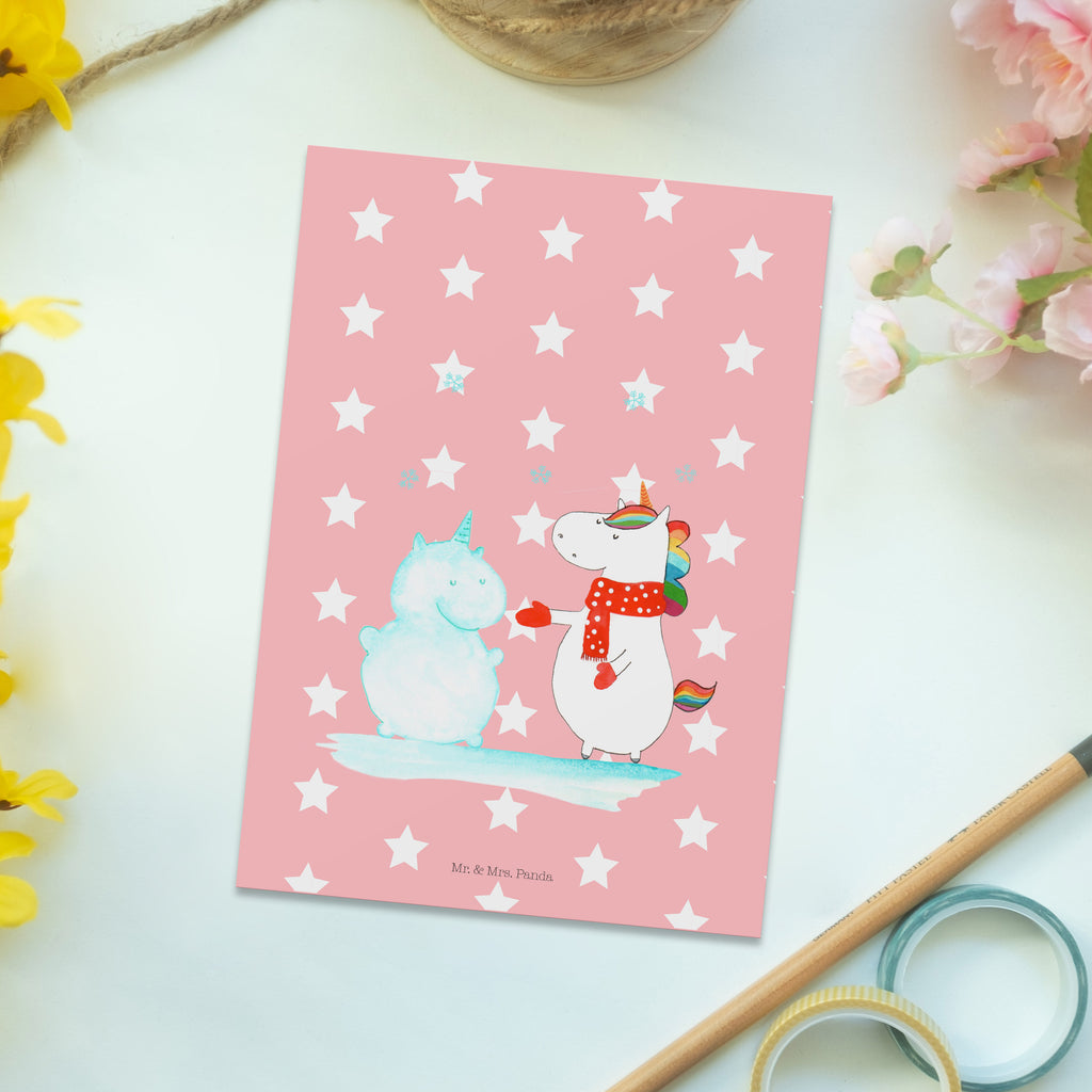 Postkarte Einhorn Schneemann Geschenkkarte, Grußkarte, Karte, Einladung, Ansichtskarte, Geburtstagskarte, Einladungskarte, Einhorn, Einhörner, Einhorn Deko, Pegasus, Unicorn, Schneemann, Winter, Schnee, Kuchen, Weihnachten, kalt, Mütze, Handschuhe, X-Mas