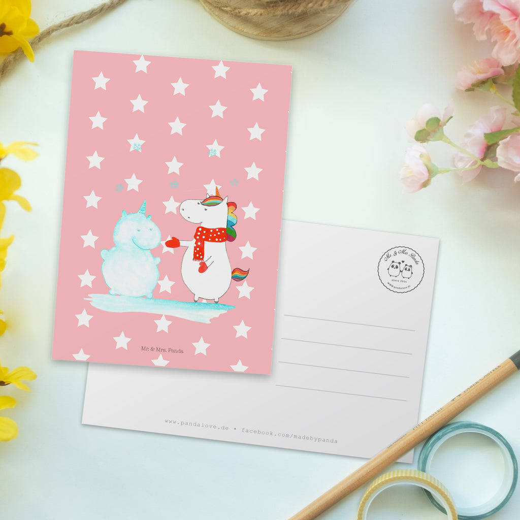 Postkarte Einhorn Schneemann Geschenkkarte, Grußkarte, Karte, Einladung, Ansichtskarte, Geburtstagskarte, Einladungskarte, Einhorn, Einhörner, Einhorn Deko, Pegasus, Unicorn, Schneemann, Winter, Schnee, Kuchen, Weihnachten, kalt, Mütze, Handschuhe, X-Mas