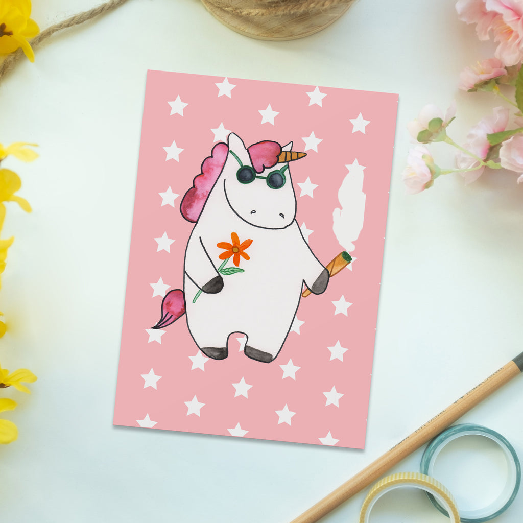 Postkarte Einhorn Woodstock Geschenkkarte, Grußkarte, Karte, Einladung, Ansichtskarte, Geburtstagskarte, Einladungskarte, Einhorn, Einhörner, Einhorn Deko, Pegasus, Unicorn, Kiffen, Joint, Zigarette, Alkohol, Party, Spaß. lustig, witzig, Woodstock