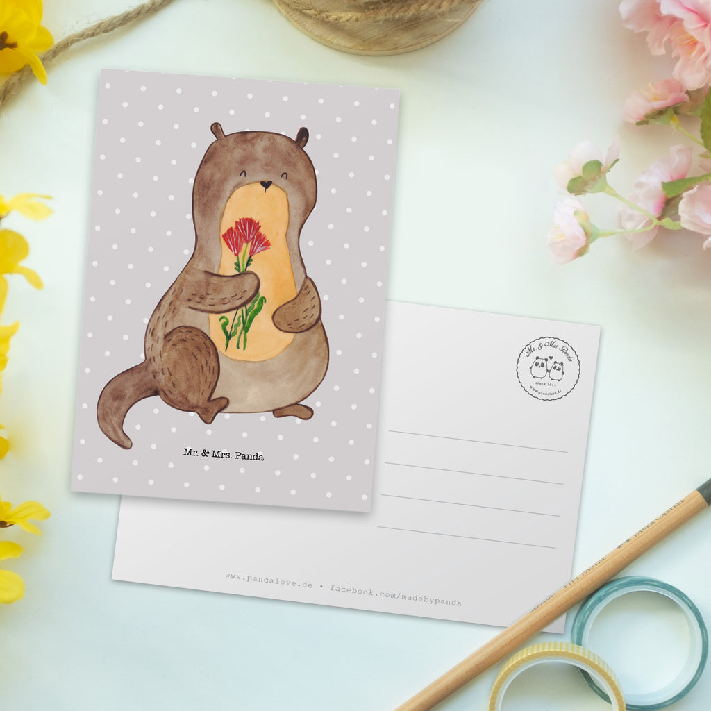 Postkarte Otter Blumenstrauß Geschenkkarte, Grußkarte, Karte, Einladung, Ansichtskarte, Geburtstagskarte, Einladungskarte, Otter, Fischotter, Seeotter, Otter Seeotter See Otter