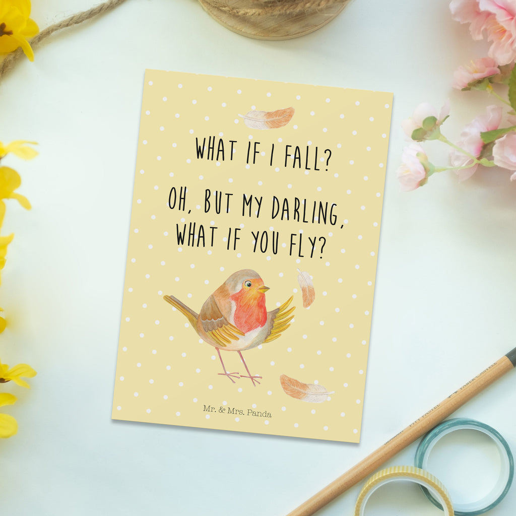 Postkarte Rotkehlchen mit Federn Geschenkkarte, Grußkarte, Karte, Einladung, Ansichtskarte, Geburtstagskarte, Einladungskarte, Dankeskarte, Tiermotive, Gute Laune, lustige Sprüche, Tiere, What if i fall, Rotkehlchen, Spruch Motivation, Spruch Mut, Vogel, Motivation Sprüche, Motivationsbilder, fliegen