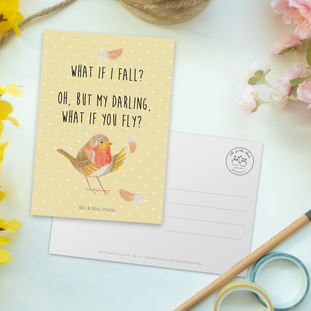 Postkarte Rotkehlchen mit Federn Geschenkkarte, Grußkarte, Karte, Einladung, Ansichtskarte, Geburtstagskarte, Einladungskarte, Dankeskarte, Tiermotive, Gute Laune, lustige Sprüche, Tiere, What if i fall, Rotkehlchen, Spruch Motivation, Spruch Mut, Vogel, Motivation Sprüche, Motivationsbilder, fliegen