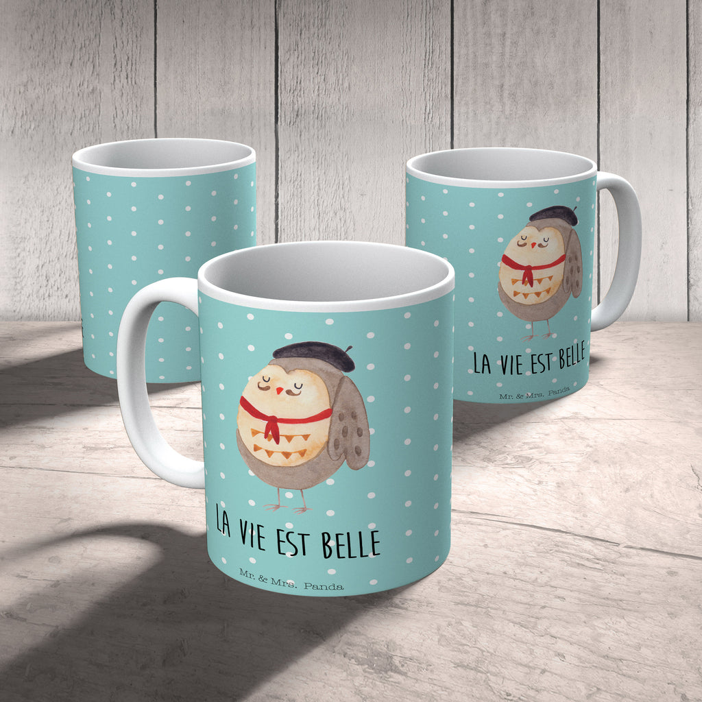 Tasse Eule Französisch Eule, Eulen, Eule Deko, Owl, hibou, La vie est belle, das Leben ist schön, Spruch schön, Spruch Französisch, Frankreich Becher, Kaffeetasse, Kaffeebecher, Tee, Frühstück, Büro  Eule