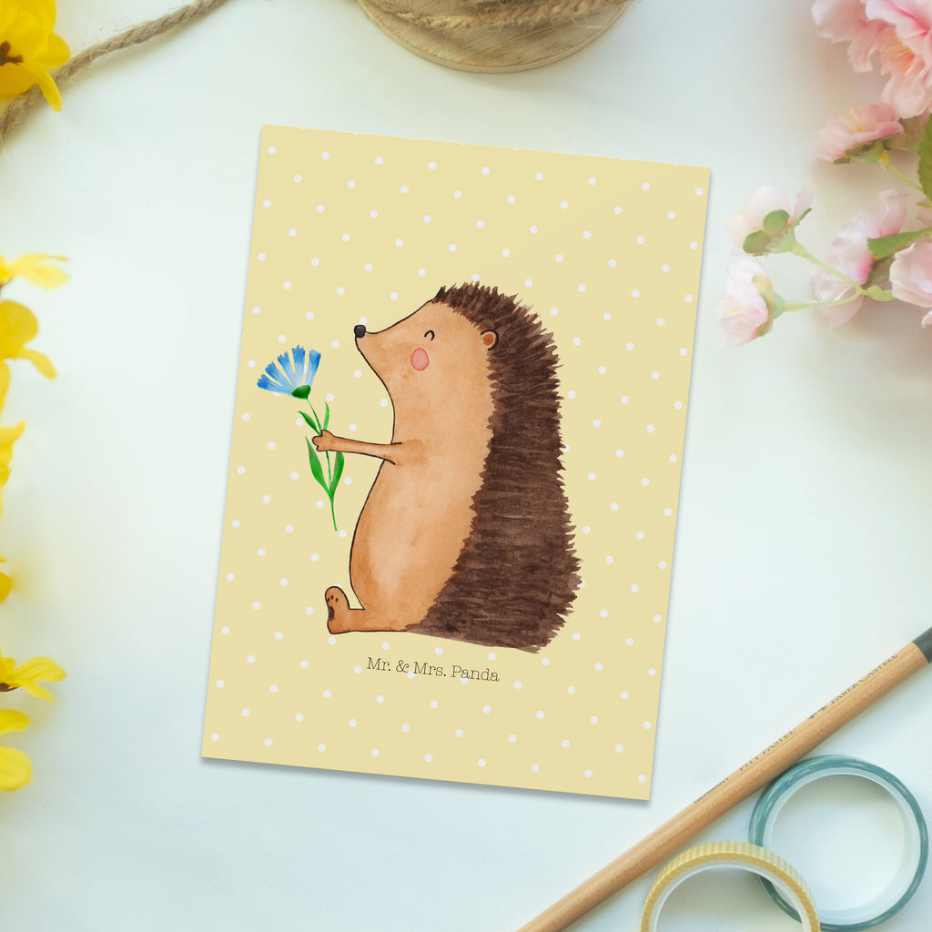 Postkarte Igel mit Blume Geschenkkarte, Grußkarte, Karte, Einladung, Ansichtskarte, Geburtstagskarte, Einladungskarte, Dankeskarte, Tiermotive, Gute Laune, lustige Sprüche, Tiere, Igel, Gute Besserung, Genesungswünsche, Krankheit, Krankenhaus, krank, Besuch