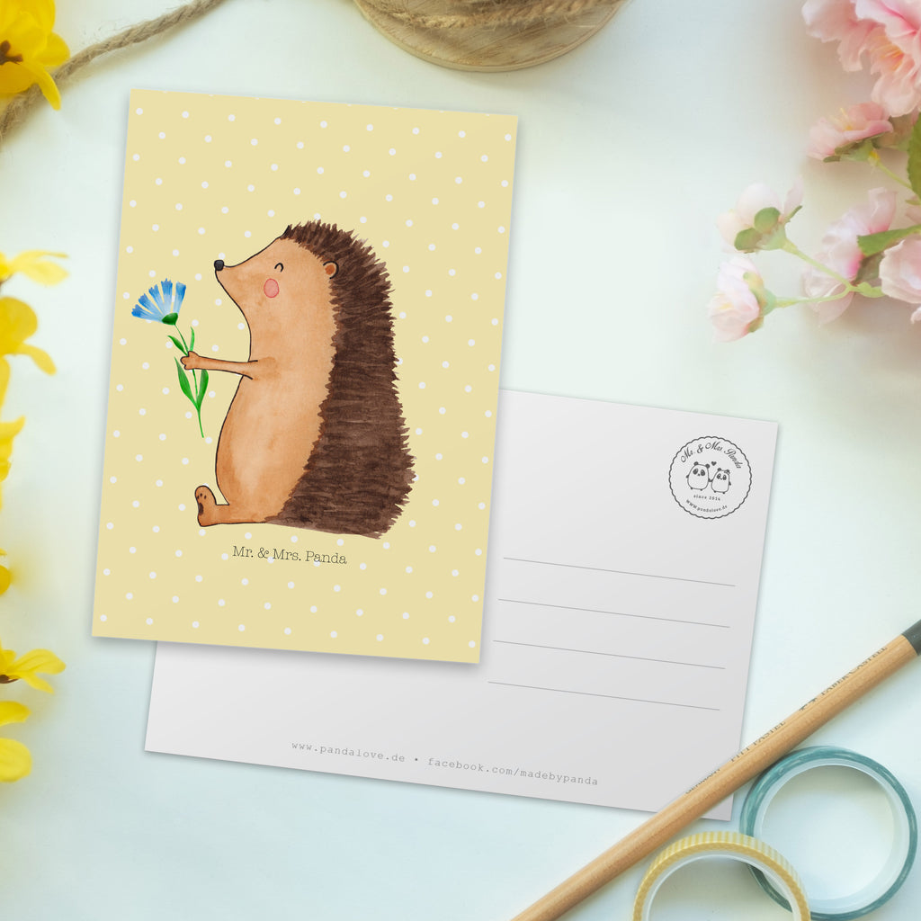 Postkarte Igel mit Blume Geschenkkarte, Grußkarte, Karte, Einladung, Ansichtskarte, Geburtstagskarte, Einladungskarte, Dankeskarte, Tiermotive, Gute Laune, lustige Sprüche, Tiere, Igel, Gute Besserung, Genesungswünsche, Krankheit, Krankenhaus, krank, Besuch