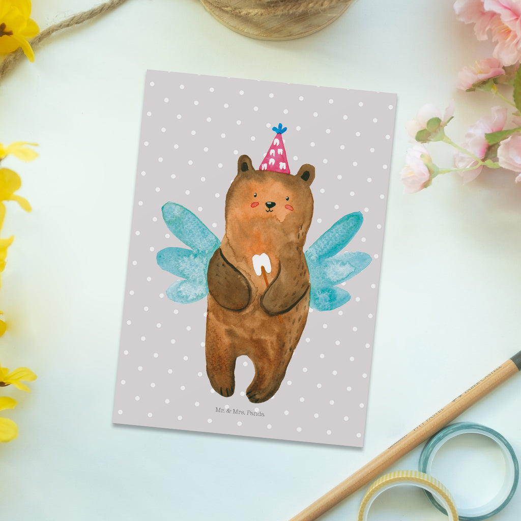 Postkarte Zahnfee Bär Geschenkkarte, Grußkarte, Karte, Einladung, Ansichtskarte, Geburtstagskarte, Einladungskarte, Dankeskarte, Bär, Teddy, Teddybär, Zahnfee, Fee, Milchzahn, Erster Zahn