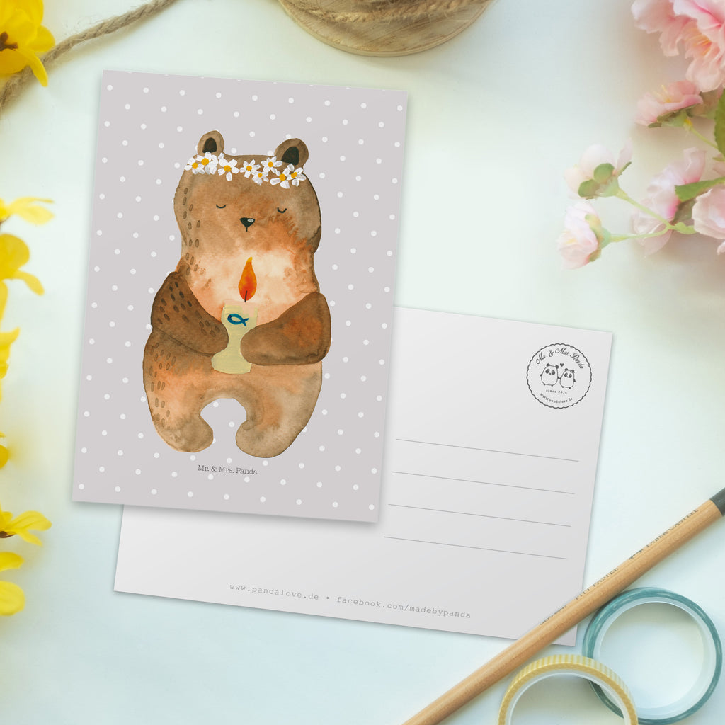 Postkarte Kommunion-Bär Geschenkkarte, Grußkarte, Karte, Einladung, Ansichtskarte, Geburtstagskarte, Einladungskarte, Dankeskarte, Bär, Teddy, Teddybär, Kommunion, Gottes Segen, Taufkerze, katholisch