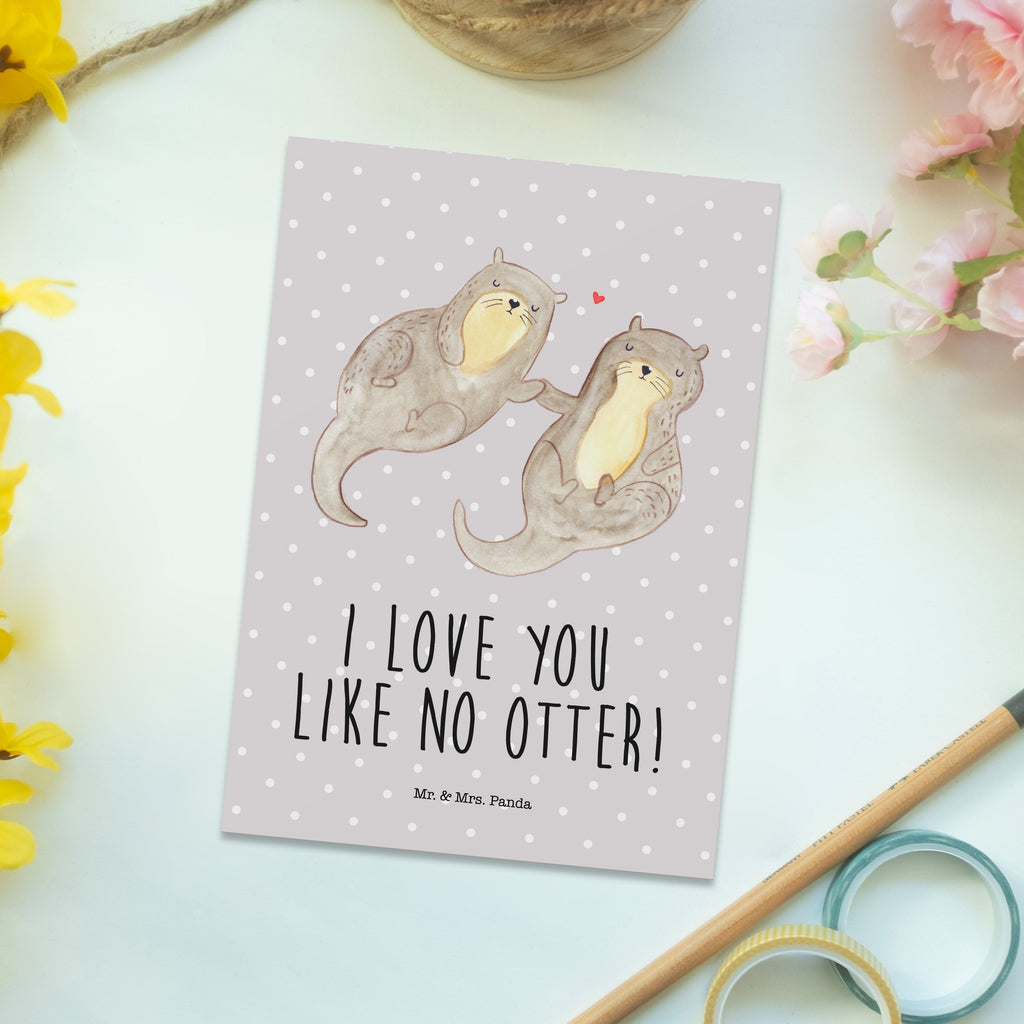 Postkarte Otter händchenhaltend Geschenkkarte, Grußkarte, Karte, Einladung, Ansichtskarte, Geburtstagskarte, Einladungskarte, Dankeskarte, Otter, Fischotter, Seeotter, Otter Seeotter See Otter