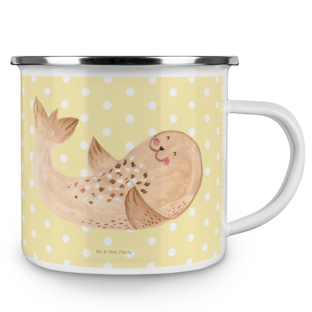 Camping Emaille Tasse Robbe liegend Campingtasse, Trinkbecher, Metalltasse, Outdoor Tasse, Emaille Trinkbecher, Blechtasse Outdoor, Emaille Campingbecher, Edelstahl Trinkbecher, Metalltasse für Camping, Kaffee Blechtasse, Camping Tasse Metall, Tiermotive, Gute Laune, lustige Sprüche, Tiere, Robbe, Robben, Seehund, Strand, Meerestier, Ostsee, Nordsee, Lachen, Freude