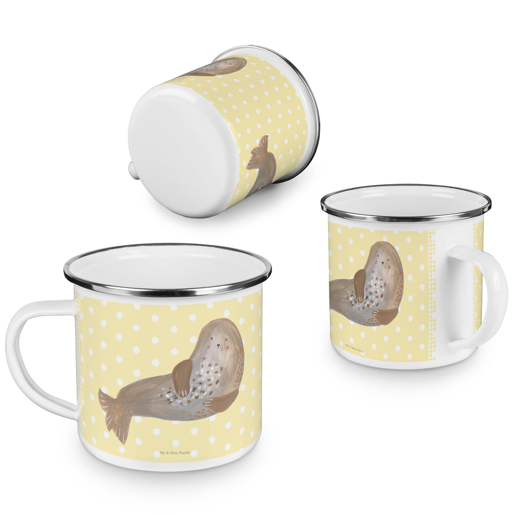 Camping Emaille Tasse Robbe lachend Campingtasse, Trinkbecher, Metalltasse, Outdoor Tasse, Emaille Trinkbecher, Blechtasse Outdoor, Emaille Campingbecher, Edelstahl Trinkbecher, Metalltasse für Camping, Kaffee Blechtasse, Camping Tasse Metall, Tiermotive, Gute Laune, lustige Sprüche, Tiere, Robbe, Robben, Seehund, Strand, Meerestier, Ostsee, Nordsee