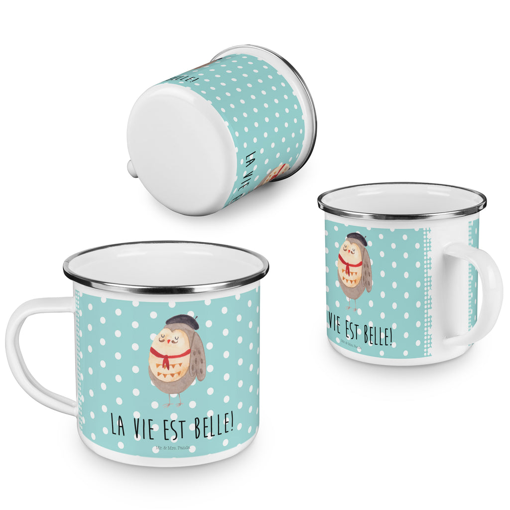 Camping Emaille Tasse Eule Französisch Campingtasse, Trinkbecher, Metalltasse, Outdoor Tasse, Emaille Trinkbecher, Blechtasse Outdoor, Emaille Campingbecher, Edelstahl Trinkbecher, Metalltasse für Camping, Kaffee Blechtasse, Camping Tasse Metall, Eule, Eulen, Eule Deko, Owl, hibou, La vie est belle, das Leben ist schön, Spruch schön, Spruch Französisch, Frankreich