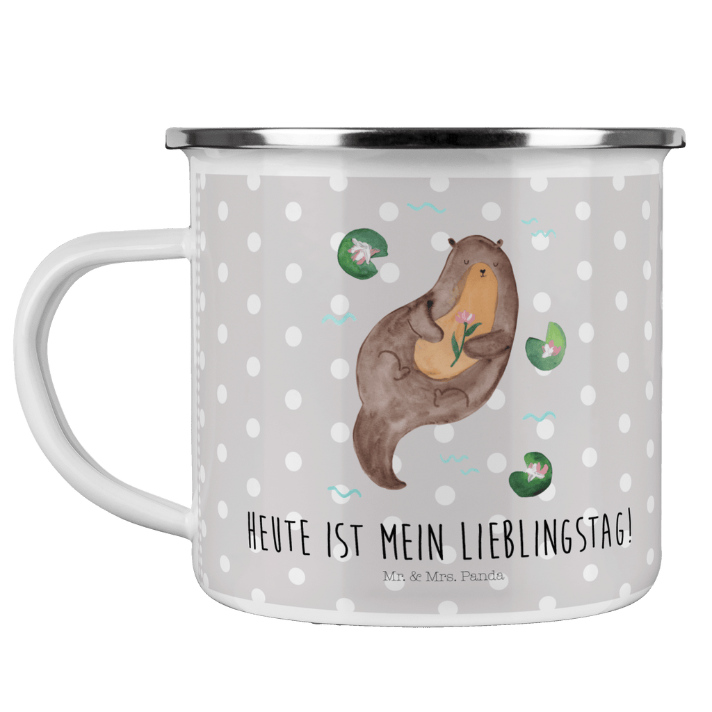 Camping Emaille Tasse Otter mit Seerose Campingtasse, Trinkbecher, Metalltasse, Outdoor Tasse, Emaille Trinkbecher, Blechtasse Outdoor, Emaille Campingbecher, Edelstahl Trinkbecher, Metalltasse für Camping, Kaffee Blechtasse, Camping Tasse Metall, Otter, Fischotter, Seeotter, Otter Seeotter See Otter