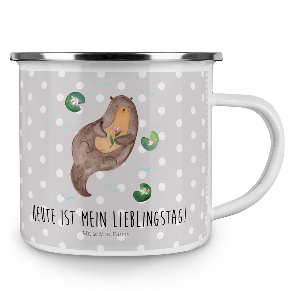 Camping Emaille Tasse Otter mit Seerose Campingtasse, Trinkbecher, Metalltasse, Outdoor Tasse, Emaille Trinkbecher, Blechtasse Outdoor, Emaille Campingbecher, Edelstahl Trinkbecher, Metalltasse für Camping, Kaffee Blechtasse, Camping Tasse Metall, Otter, Fischotter, Seeotter, Otter Seeotter See Otter