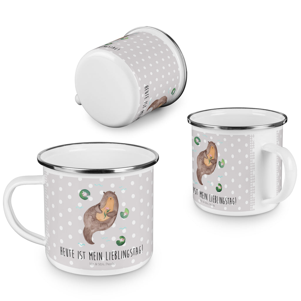 Camping Emaille Tasse Otter mit Seerose Campingtasse, Trinkbecher, Metalltasse, Outdoor Tasse, Emaille Trinkbecher, Blechtasse Outdoor, Emaille Campingbecher, Edelstahl Trinkbecher, Metalltasse für Camping, Kaffee Blechtasse, Camping Tasse Metall, Otter, Fischotter, Seeotter, Otter Seeotter See Otter