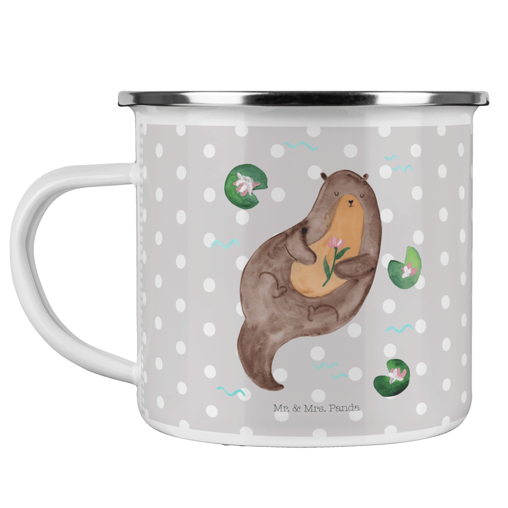 Camping Emaille Tasse Otter mit Seerose Campingtasse, Trinkbecher, Metalltasse, Outdoor Tasse, Emaille Trinkbecher, Blechtasse Outdoor, Emaille Campingbecher, Edelstahl Trinkbecher, Metalltasse für Camping, Kaffee Blechtasse, Camping Tasse Metall, Otter, Fischotter, Seeotter, Otter Seeotter See Otter