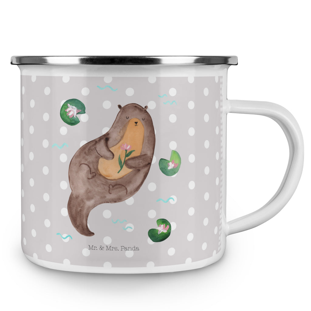 Camping Emaille Tasse Otter mit Seerose Campingtasse, Trinkbecher, Metalltasse, Outdoor Tasse, Emaille Trinkbecher, Blechtasse Outdoor, Emaille Campingbecher, Edelstahl Trinkbecher, Metalltasse für Camping, Kaffee Blechtasse, Camping Tasse Metall, Otter, Fischotter, Seeotter, Otter Seeotter See Otter