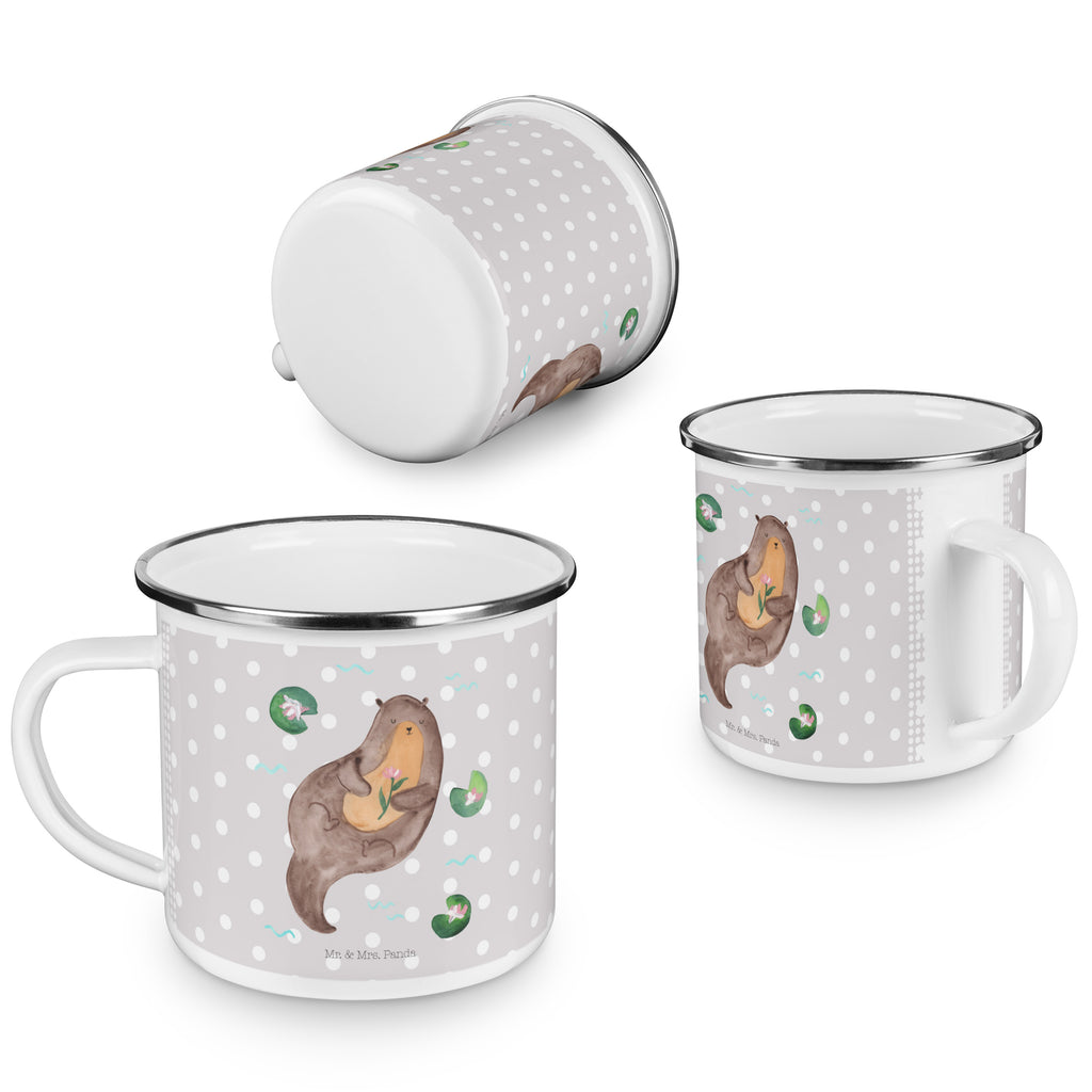 Camping Emaille Tasse Otter mit Seerose Campingtasse, Trinkbecher, Metalltasse, Outdoor Tasse, Emaille Trinkbecher, Blechtasse Outdoor, Emaille Campingbecher, Edelstahl Trinkbecher, Metalltasse für Camping, Kaffee Blechtasse, Camping Tasse Metall, Otter, Fischotter, Seeotter, Otter Seeotter See Otter