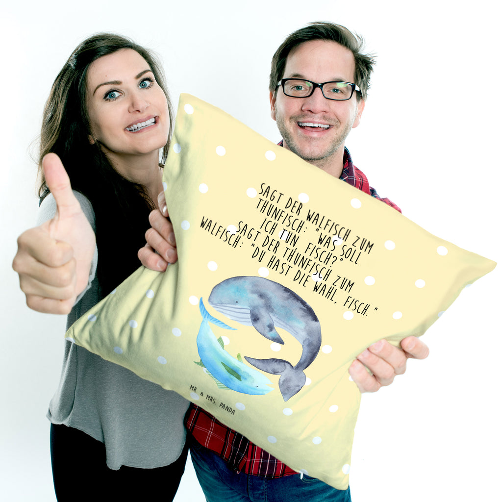 40x40 Kissen Walfisch & Thunfisch Kissenhülle, Kopfkissen, Sofakissen, Dekokissen, Motivkissen, Tiermotive, Gute Laune, lustige Sprüche, Tiere, Wal, Wahl, Tunfisch, Wortwitz lustig, Spruch lustig, Flachwitz, Witz, Spruch des Tages, Flachwitz Geschenk