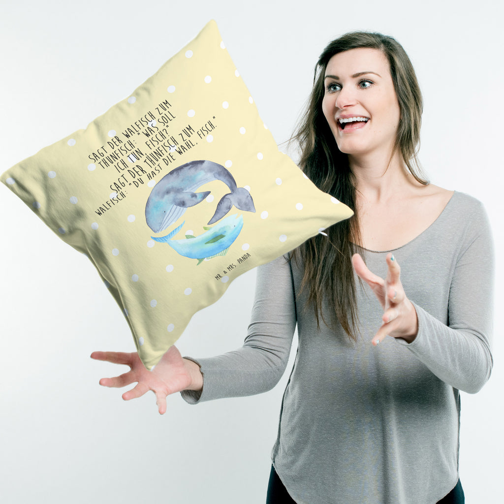 40x40 Kissen Walfisch & Thunfisch Kissenhülle, Kopfkissen, Sofakissen, Dekokissen, Motivkissen, Tiermotive, Gute Laune, lustige Sprüche, Tiere, Wal, Wahl, Tunfisch, Wortwitz lustig, Spruch lustig, Flachwitz, Witz, Spruch des Tages, Flachwitz Geschenk