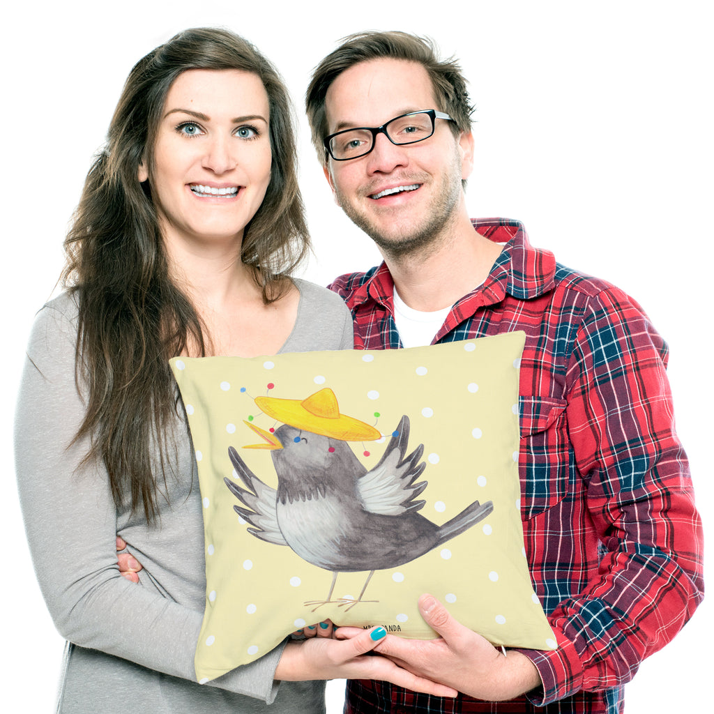 40x40 Kissen Rabe mit Sombrero Kissenhülle, Kopfkissen, Sofakissen, Dekokissen, Motivkissen, Tiermotive, Gute Laune, lustige Sprüche, Tiere, Rabe, Vogel, Vögel, Spruch positiv, fröhlich sein, glücklich sein, Glück Spruch, froh, Elster, Motivation