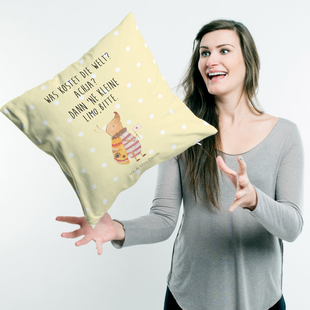 40x40 Kissen Nachtfalter mit Fähnchen Kissenhülle, Kopfkissen, Sofakissen, Dekokissen, Motivkissen, Tiermotive, Gute Laune, lustige Sprüche, Tiere, Nachtfalter, Käfer, Spruch lustig, Spruch witzig, süß, niedlich, Küche Deko, Was kostet die Welt