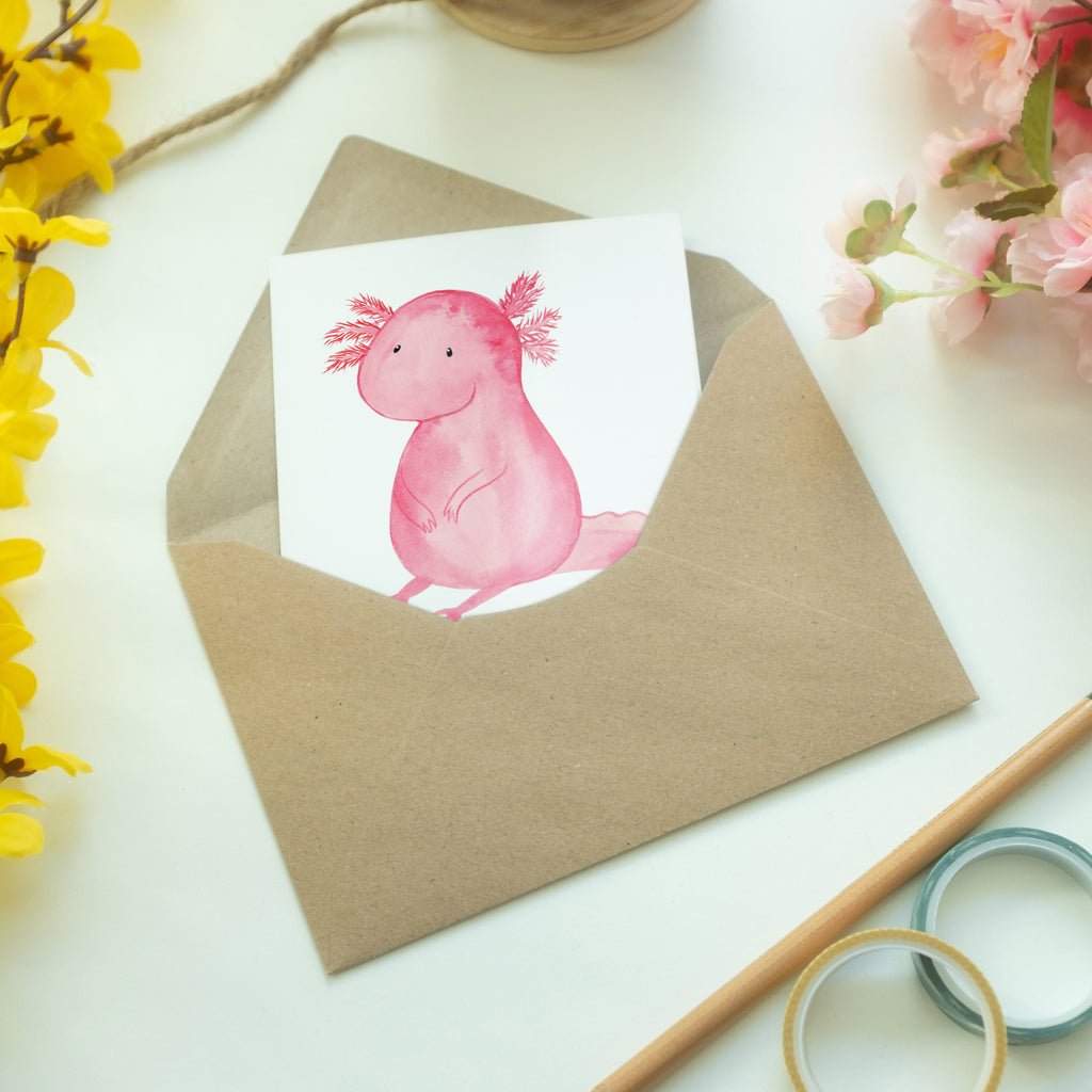 Grußkarte Axolotl Klappkarte, Einladungskarte, Glückwunschkarte, Hochzeitskarte, Geburtstagskarte, Karte, Axolotl, Molch, Axolot, vergnügt, fröhlich, zufrieden, Lebensstil, Weisheit, Lebensweisheit, Liebe, Freundin