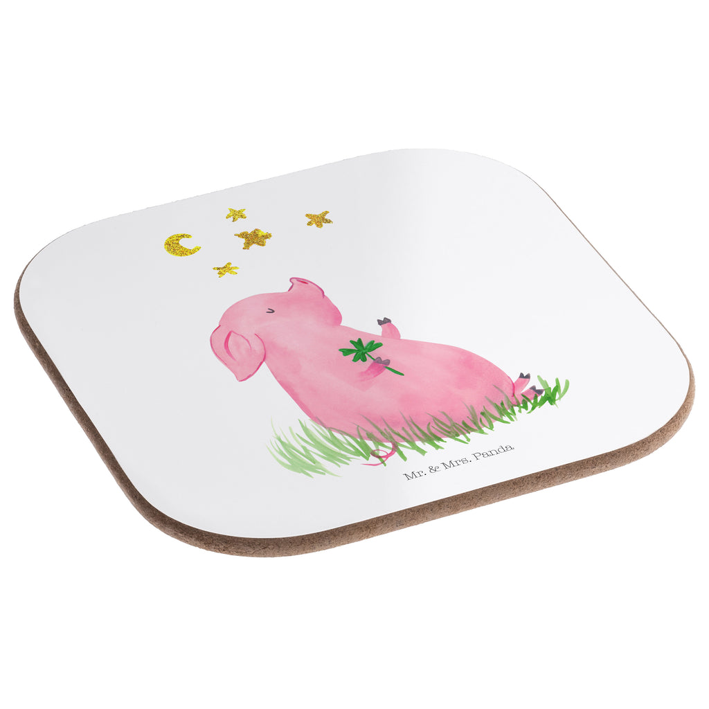 Quadratische Untersetzer Glücksschwein Bierdeckel, Glasuntersetzer, Untersetzer Gläser, Getränkeuntersetzer, Tiermotive, Gute Laune, lustige Sprüche, Tiere, Glücksschwein. Glück, Schwein, Schweinchen, Sterne, Sernchen, Ziele, Träume, Motivation, Glücksbringer