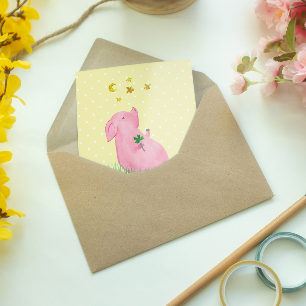 Grußkarte Glücksschwein Klappkarte, Einladungskarte, Glückwunschkarte, Hochzeitskarte, Geburtstagskarte, Karte, Tiermotive, Gute Laune, lustige Sprüche, Tiere, Glücksschwein. Glück, Schwein, Schweinchen, Sterne, Sernchen, Ziele, Träume, Motivation, Glücksbringer
