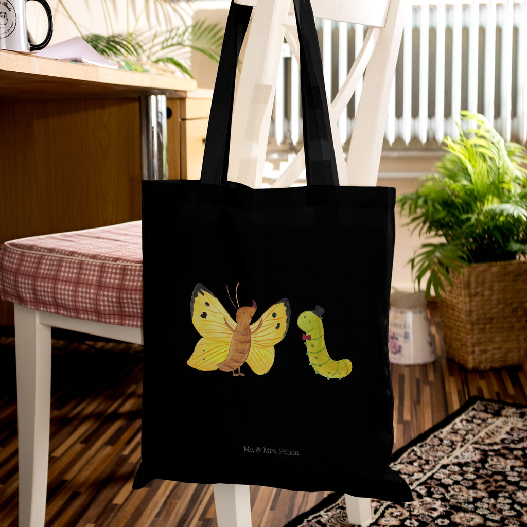 Tragetasche Raupe & Schmetterling Beuteltasche, Beutel, Einkaufstasche, Jutebeutel, Stoffbeutel, Tiermotive, Gute Laune, lustige Sprüche, Tiere, Raupe, Schmetterling, Zitronenfalter, Entwicklung, Erwachsen werden, Kokon, Hut, Hütchen, Schönheit, Aufwachsen