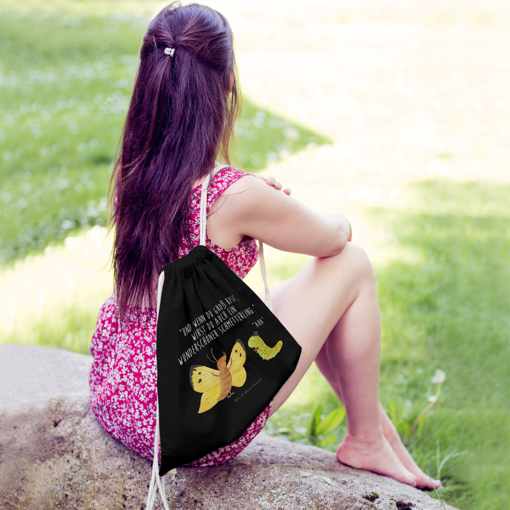 Sportbeutel Raupe & Schmetterling Turnbeutel, Beutel, Sporttasche, Tasche, Stoffbeutel, Tiermotive, Gute Laune, lustige Sprüche, Tiere, Raupe, Schmetterling, Zitronenfalter, Entwicklung, Erwachsen werden, Kokon, Hut, Hütchen, Schönheit, Aufwachsen