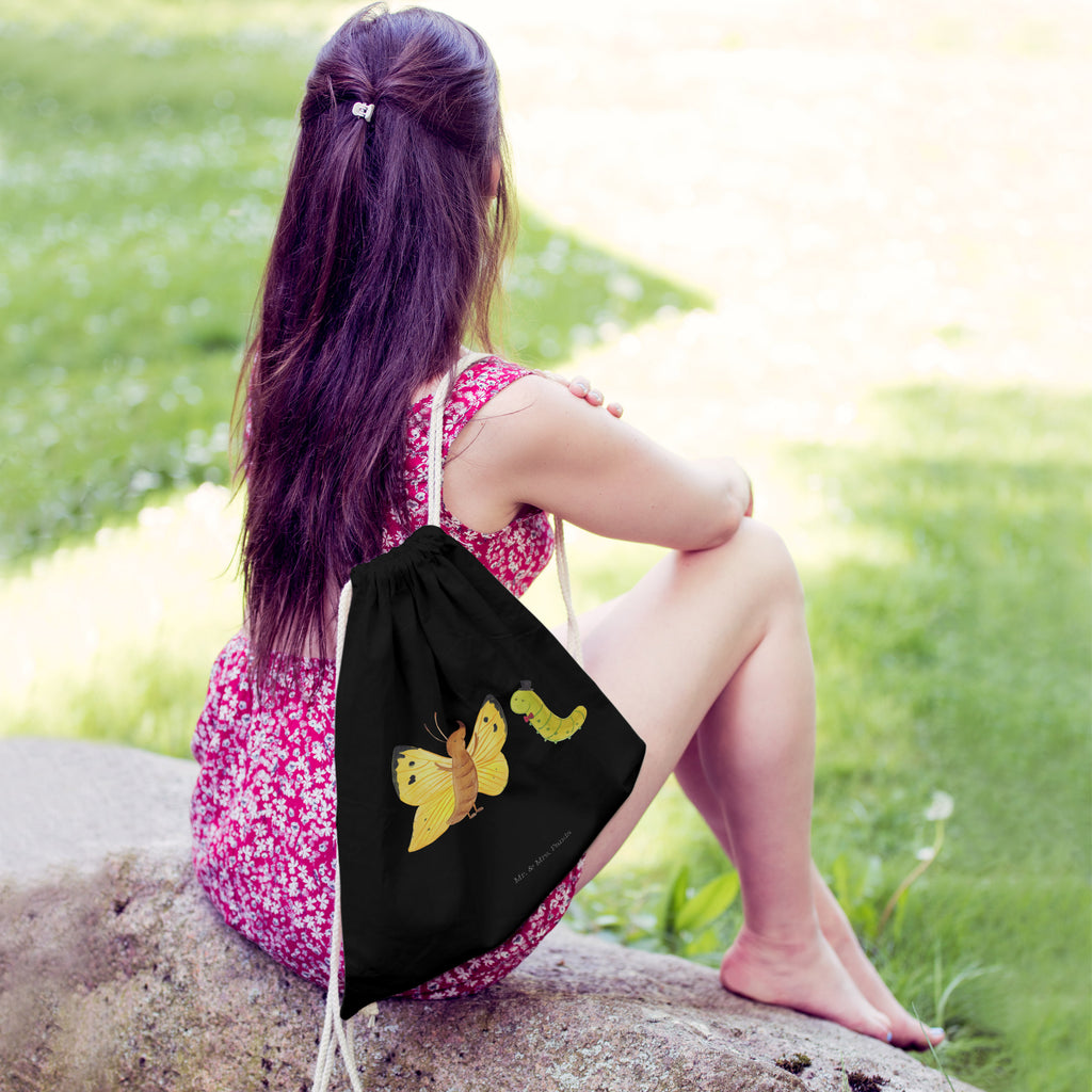 Sportbeutel Raupe & Schmetterling Turnbeutel, Beutel, Sporttasche, Tasche, Stoffbeutel, Tiermotive, Gute Laune, lustige Sprüche, Tiere, Raupe, Schmetterling, Zitronenfalter, Entwicklung, Erwachsen werden, Kokon, Hut, Hütchen, Schönheit, Aufwachsen