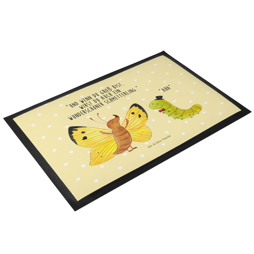 Fußmatte Raupe & Schmetterling Raupe, Schmetterling, Zitronenfalter, Entwicklung, Erwachsen werden, Kokon, Hut, Hütchen, Schönheit, Aufwachsen, Türvorleger, Schmutzmatte, Fußabtreter, Matte, Schmutzfänger, Fußabstreifer, Schmutzfangmatte, Türmatte, Motivfußmatte,  Haustürmatte, Vorleger  süße Tiermotive, gute Laune, lustige Sprüche, Tiere