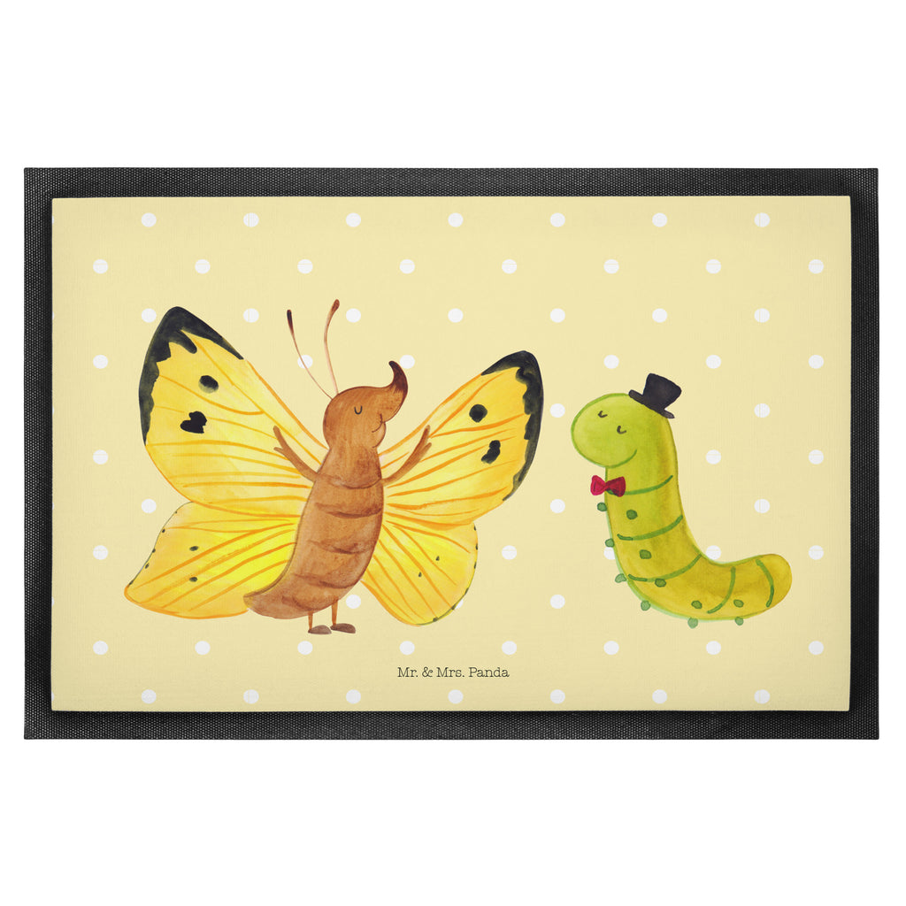 Fußmatte Raupe & Schmetterling Raupe, Schmetterling, Zitronenfalter, Entwicklung, Erwachsen werden, Kokon, Hut, Hütchen, Schönheit, Aufwachsen, Türvorleger, Schmutzmatte, Fußabtreter, Matte, Schmutzfänger, Fußabstreifer, Schmutzfangmatte, Türmatte, Motivfußmatte,  Haustürmatte, Vorleger  süße Tiermotive, gute Laune, lustige Sprüche, Tiere