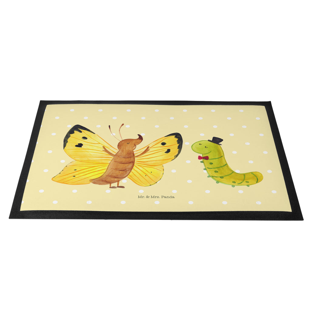 Fußmatte Raupe & Schmetterling Raupe, Schmetterling, Zitronenfalter, Entwicklung, Erwachsen werden, Kokon, Hut, Hütchen, Schönheit, Aufwachsen, Türvorleger, Schmutzmatte, Fußabtreter, Matte, Schmutzfänger, Fußabstreifer, Schmutzfangmatte, Türmatte, Motivfußmatte,  Haustürmatte, Vorleger  süße Tiermotive, gute Laune, lustige Sprüche, Tiere