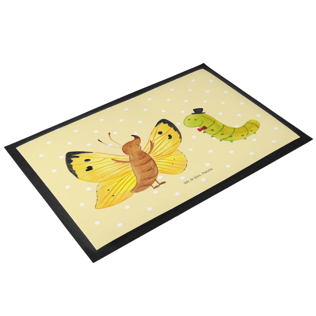 Fußmatte Raupe & Schmetterling Raupe, Schmetterling, Zitronenfalter, Entwicklung, Erwachsen werden, Kokon, Hut, Hütchen, Schönheit, Aufwachsen, Türvorleger, Schmutzmatte, Fußabtreter, Matte, Schmutzfänger, Fußabstreifer, Schmutzfangmatte, Türmatte, Motivfußmatte,  Haustürmatte, Vorleger  süße Tiermotive, gute Laune, lustige Sprüche, Tiere