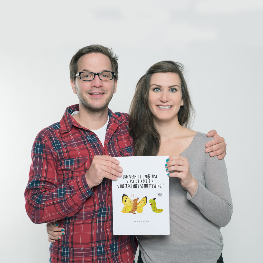 Poster Raupe & Schmetterling Poster, Wandposter, Bild, Wanddeko, Küchenposter, Kinderposter, Wanddeko Bild, Raumdekoration, Wanddekoration, Handgemaltes Poster, Mr. & Mrs. Panda Poster, Designposter, Kunstdruck, Posterdruck, Tiermotive, Gute Laune, lustige Sprüche, Tiere, Raupe, Schmetterling, Zitronenfalter, Entwicklung, Erwachsen werden, Kokon, Hut, Hütchen, Schönheit, Aufwachsen