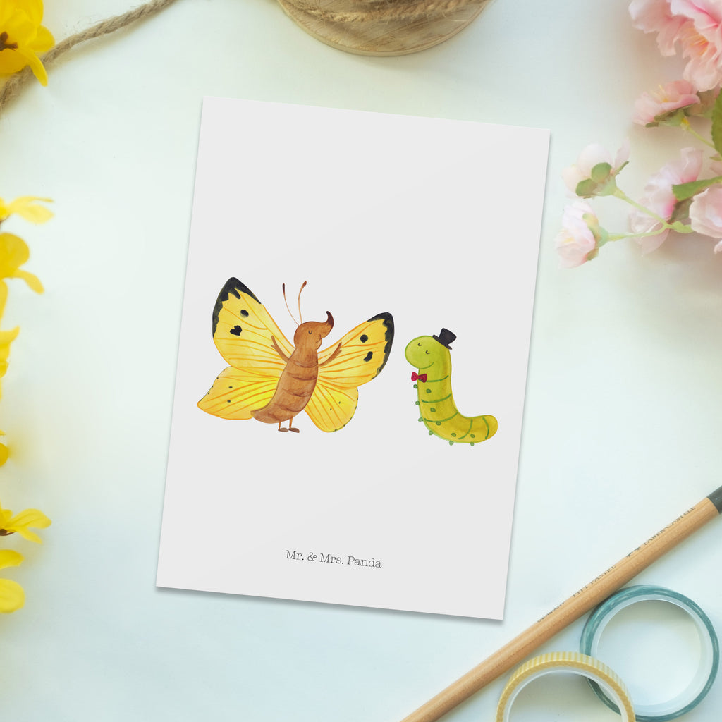 Postkarte Raupe & Schmetterling Geschenkkarte, Grußkarte, Karte, Einladung, Ansichtskarte, Geburtstagskarte, Einladungskarte, Dankeskarte, Tiermotive, Gute Laune, lustige Sprüche, Tiere, Raupe, Schmetterling, Zitronenfalter, Entwicklung, Erwachsen werden, Kokon, Hut, Hütchen, Schönheit, Aufwachsen