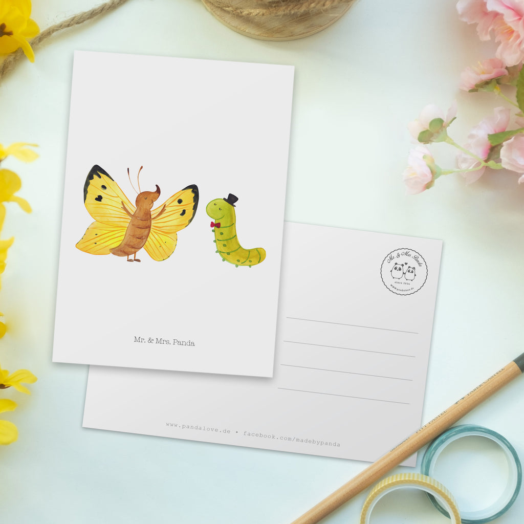 Postkarte Raupe & Schmetterling Geschenkkarte, Grußkarte, Karte, Einladung, Ansichtskarte, Geburtstagskarte, Einladungskarte, Dankeskarte, Tiermotive, Gute Laune, lustige Sprüche, Tiere, Raupe, Schmetterling, Zitronenfalter, Entwicklung, Erwachsen werden, Kokon, Hut, Hütchen, Schönheit, Aufwachsen