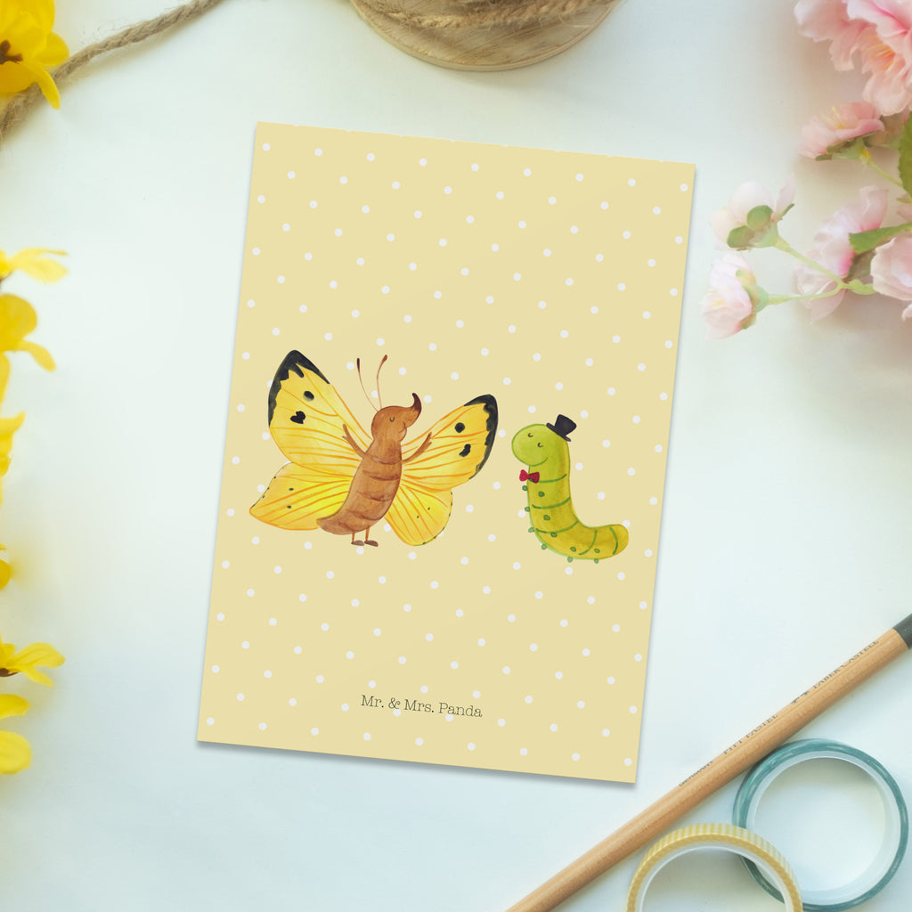Postkarte Raupe & Schmetterling Geschenkkarte, Grußkarte, Karte, Einladung, Ansichtskarte, Geburtstagskarte, Einladungskarte, Dankeskarte, Tiermotive, Gute Laune, lustige Sprüche, Tiere, Raupe, Schmetterling, Zitronenfalter, Entwicklung, Erwachsen werden, Kokon, Hut, Hütchen, Schönheit, Aufwachsen