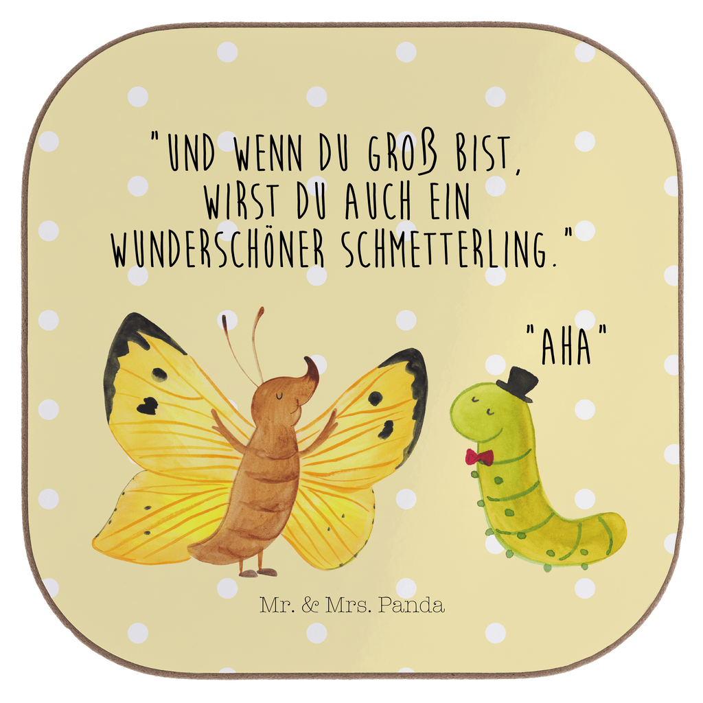 Quadratische Untersetzer Raupe & Schmetterling Bierdeckel, Glasuntersetzer, Untersetzer Gläser, Getränkeuntersetzer, Tiermotive, Gute Laune, lustige Sprüche, Tiere, Raupe, Schmetterling, Zitronenfalter, Entwicklung, Erwachsen werden, Kokon, Hut, Hütchen, Schönheit, Aufwachsen