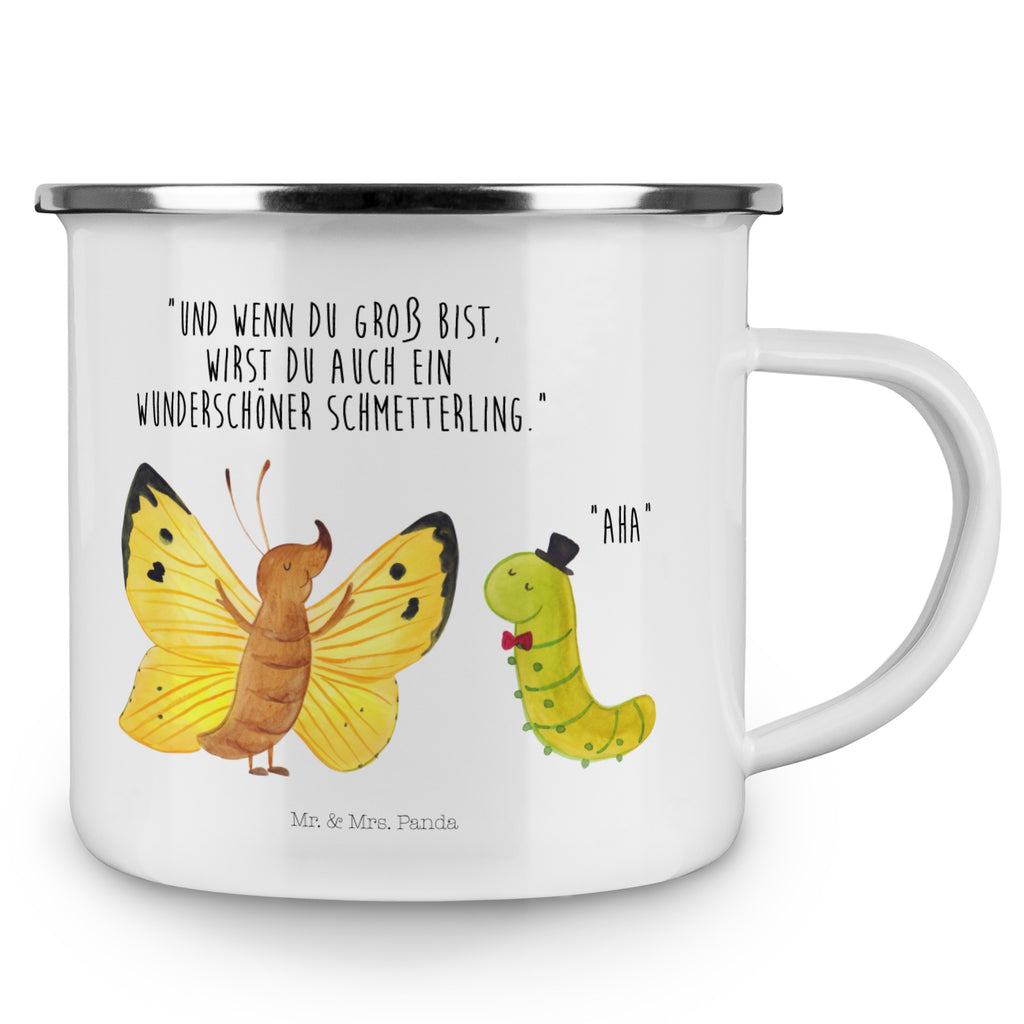 Camping Emaille Tasse Raupe & Schmetterling Campingtasse, Trinkbecher, Metalltasse, Outdoor Tasse, Emaille Trinkbecher, Blechtasse Outdoor, Emaille Campingbecher, Edelstahl Trinkbecher, Metalltasse für Camping, Kaffee Blechtasse, Camping Tasse Metall, Tiermotive, Gute Laune, lustige Sprüche, Tiere, Raupe, Schmetterling, Zitronenfalter, Entwicklung, Erwachsen werden, Kokon, Hut, Hütchen, Schönheit, Aufwachsen